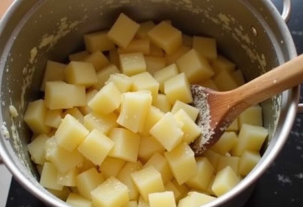 Potato mixture being stirred as it thickens for creamy potato soup.