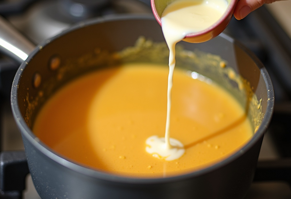 Pureed potato soup with heavy cream being added for a creamy finish.