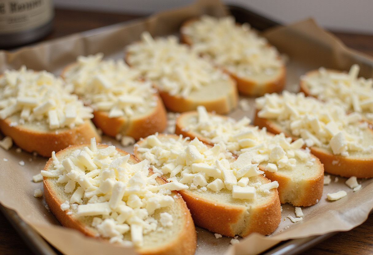 Mozzarella cheese being added to garlic bread slices before baking.