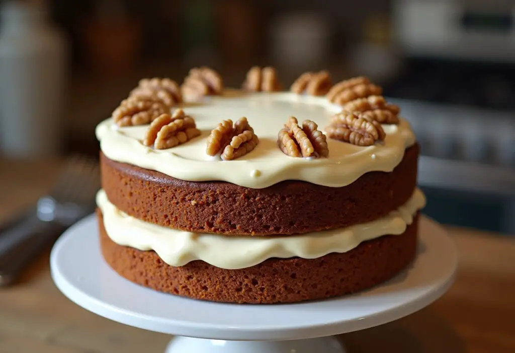 Finished Traditional Carrot Cake with cream cheese frosting and walnuts, ready to serve.