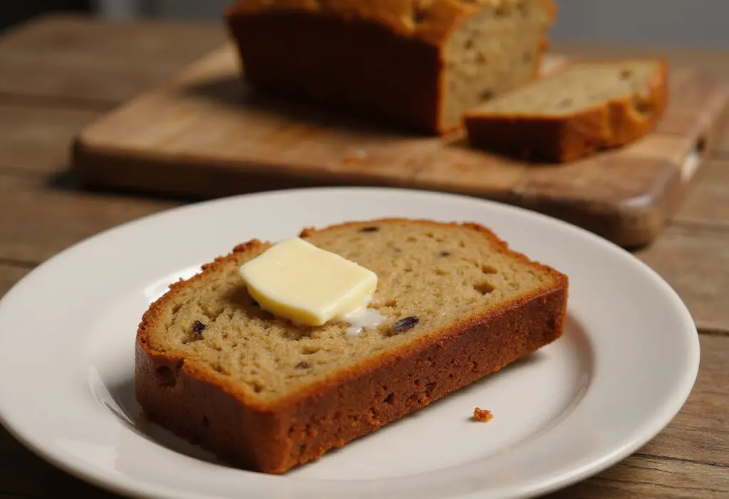 Freshly baked high altitude banana bread slice with butter on a cutting board.