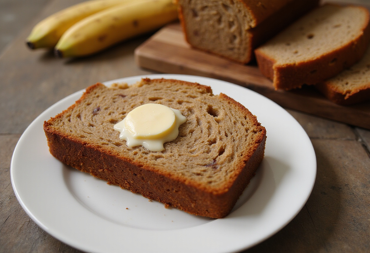 Freshly baked high altitude banana bread slice with butter on a cutting board.