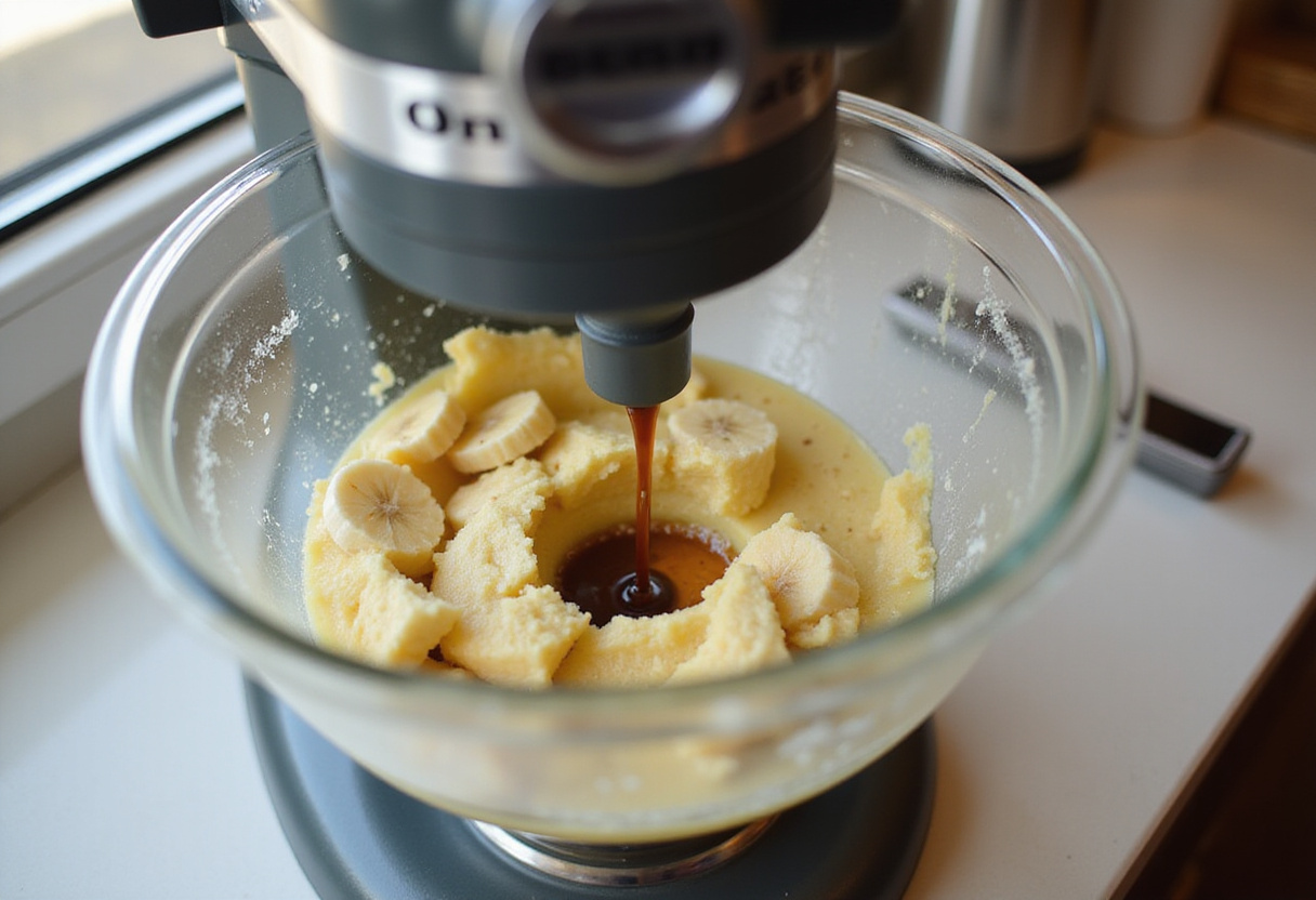Mixing wet ingredients for high altitude banana bread in a stand mixer.