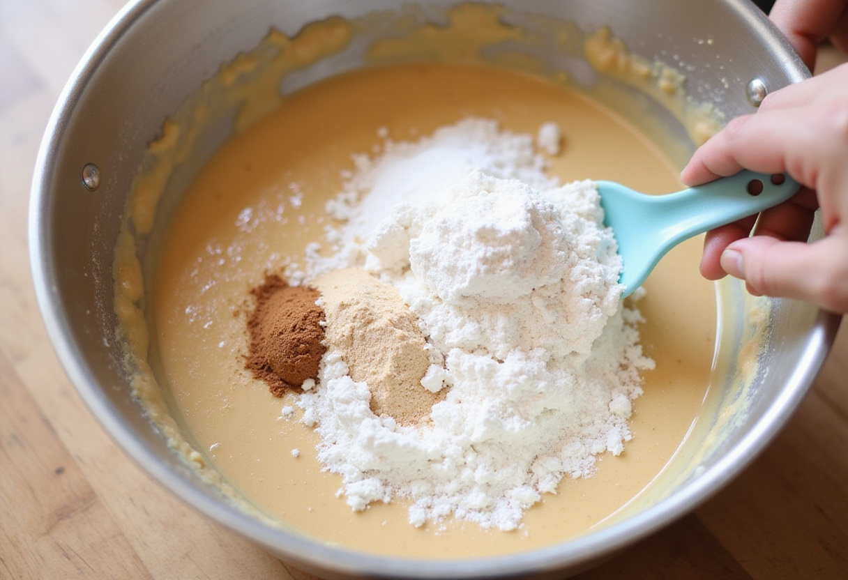 Folding dry ingredients into wet ingredients for high altitude banana bread batter.