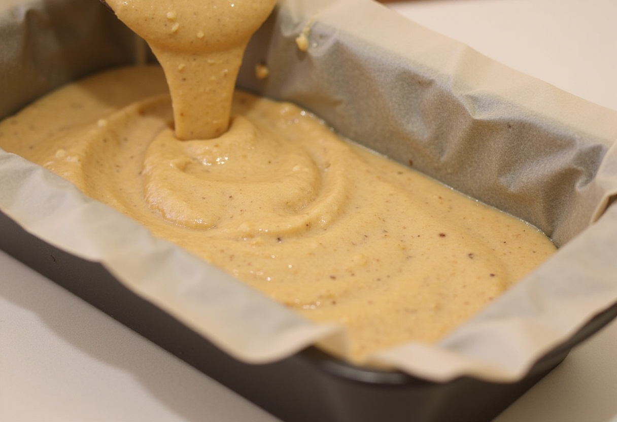 Banana bread batter in a loaf pan ready to bake for high altitude recipe.