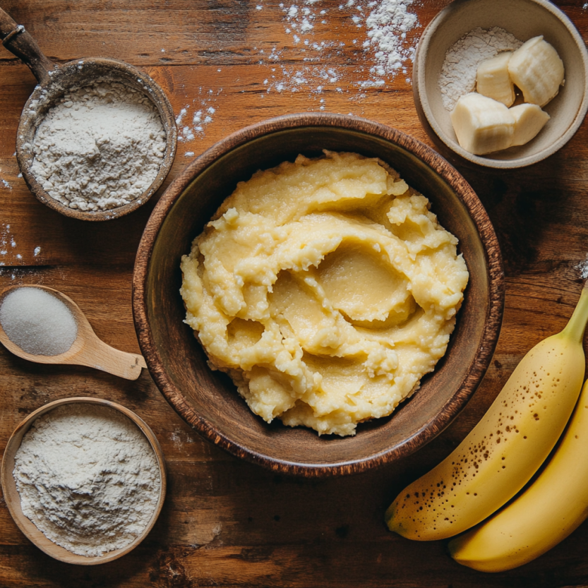 Mashed bananas in a bowl preparing for high altitude banana bread recipe.