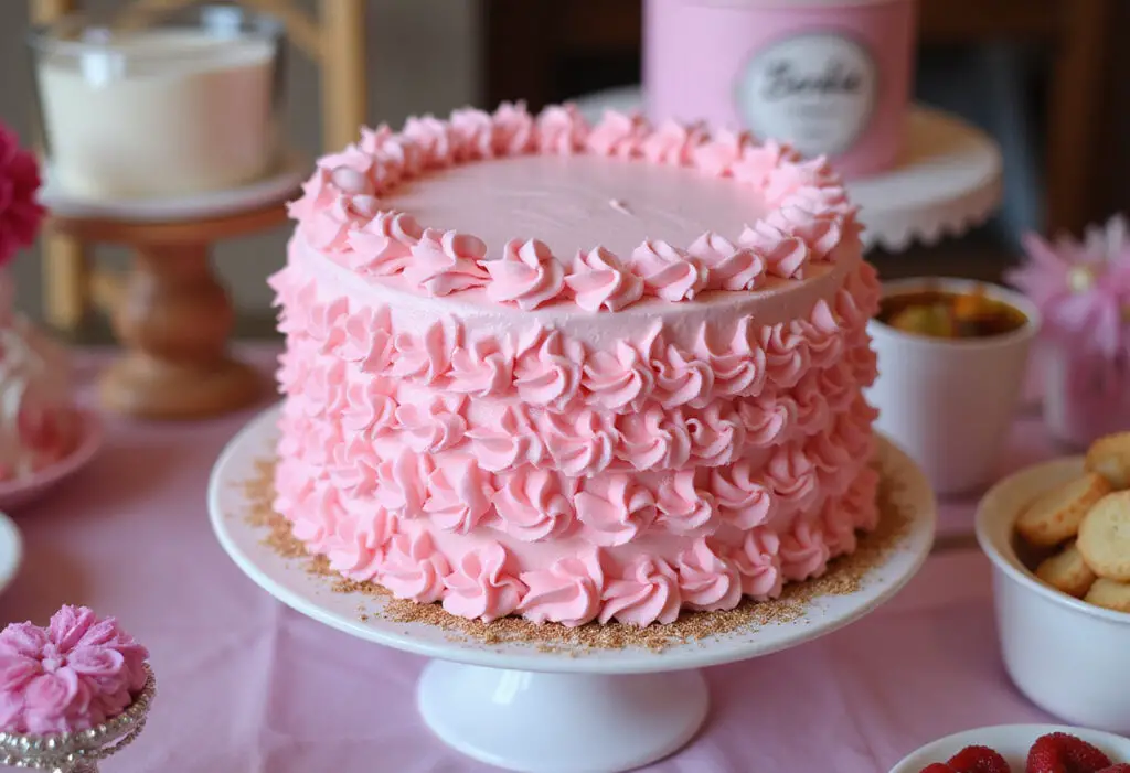 Finished Barbie cake with pink ruffles and glitter, perfect for a Barbie-themed party.