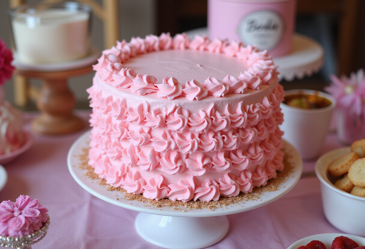 Finished Barbie cake with pink ruffles and glitter, perfect for a Barbie-themed party.