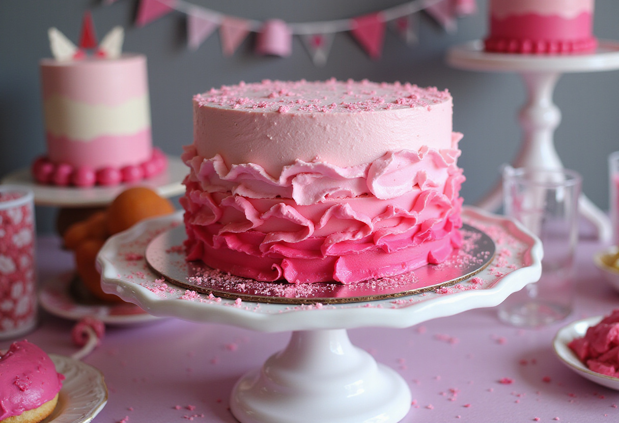 Finished Barbie cake with pink ruffles and glitter, perfect for a Barbie-themed party.