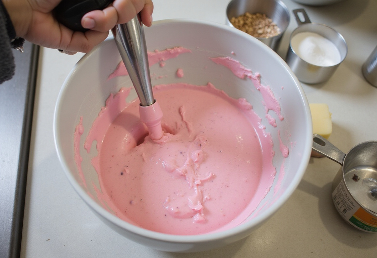 Pink cake batter being prepared in a mixing bowl for a Barbie cake.