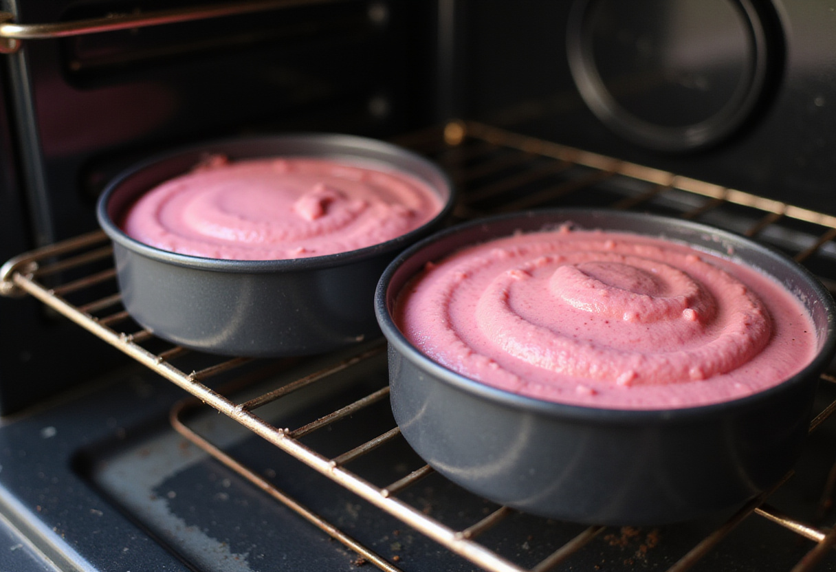 Pink cake batter in round pans ready for baking the Barbie cake layers.