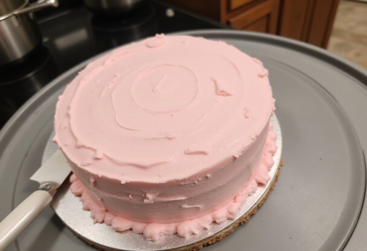 Frosting the first layer of a pink Barbie cake with light pink buttercream frosting.