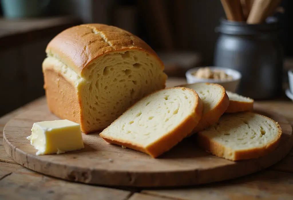 Freshly baked homemade cabbage bread loaf sliced and ready to serve.