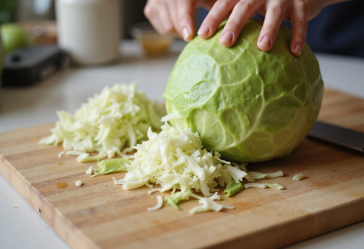 Shredding green cabbage for homemade cabbage bread.