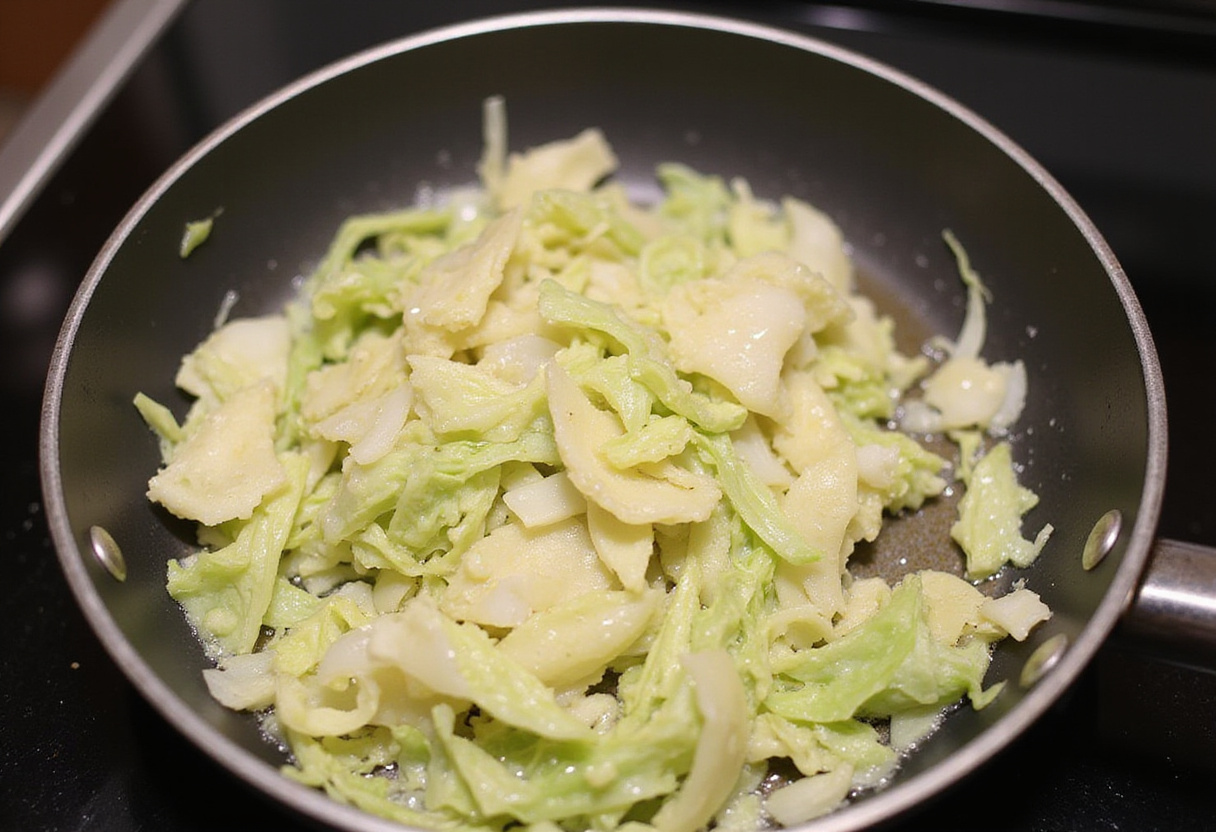 Sautéing shredded cabbage and onions for cabbage bread recipe.
