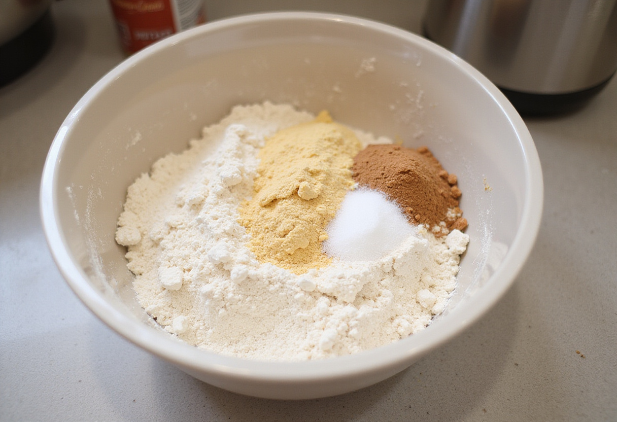 Mixing dry ingredients for homemade cabbage bread dough.