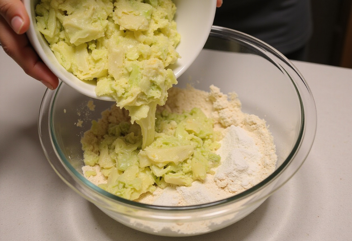 Combining sauteed cabbage with flour mixture to make cabbage bread dough.