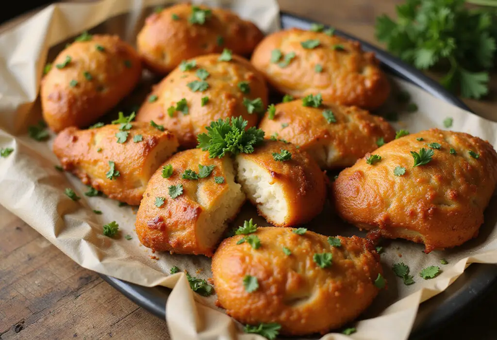 Delicious chicken bread appetizer with parsley garnish.