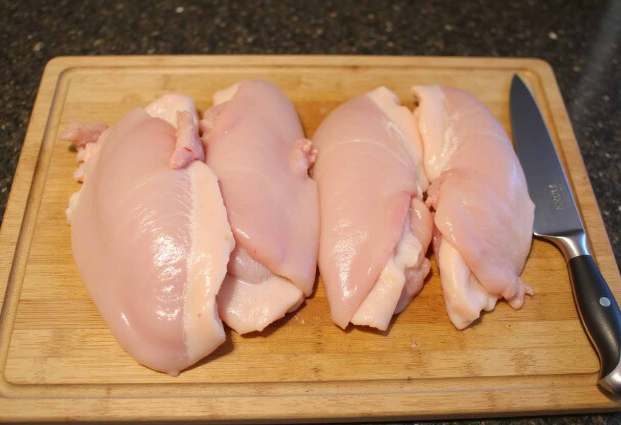 Chicken breasts being sliced for chicken bread recipe.