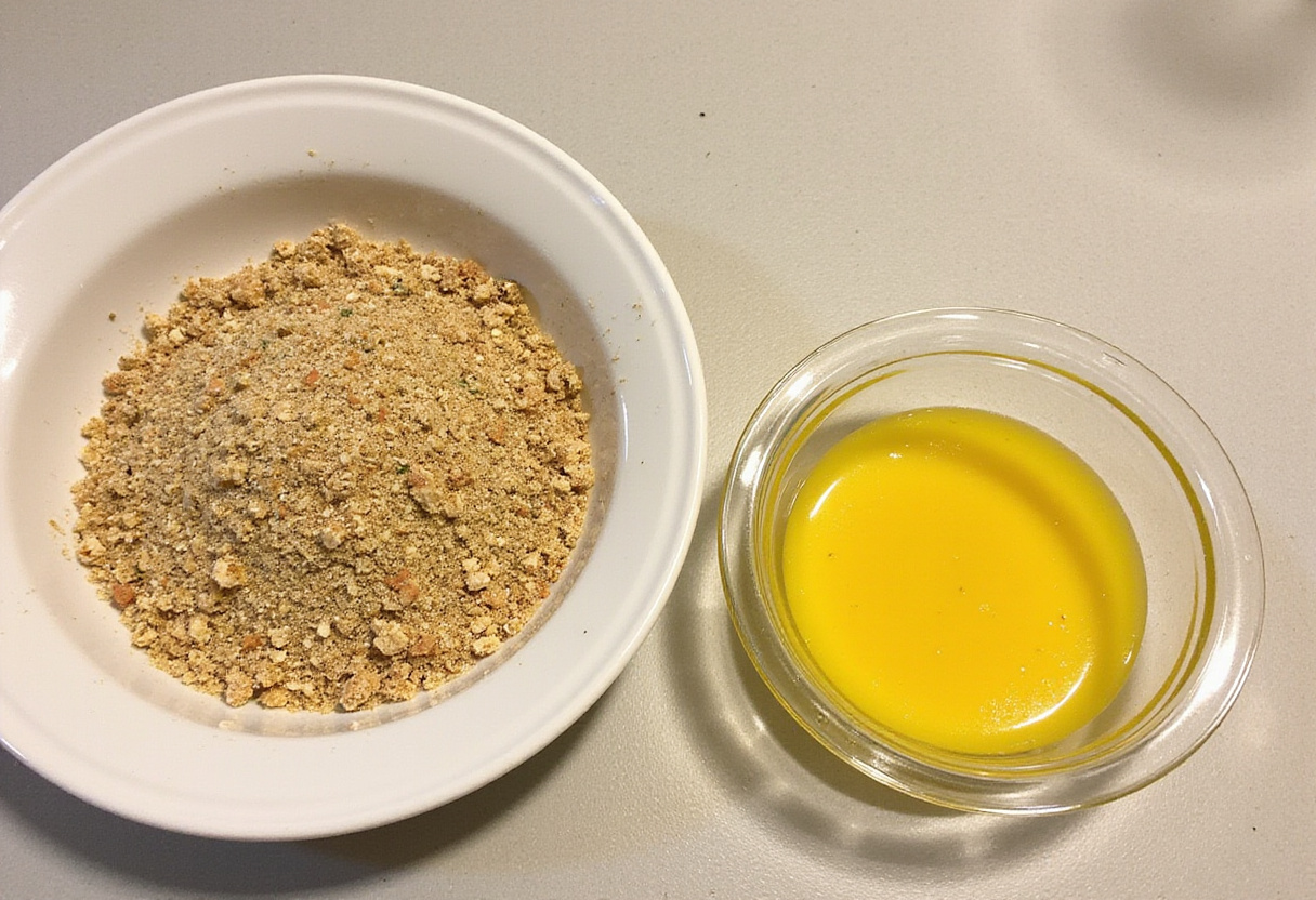 Seasoned breadcrumbs and beaten eggs for breading chicken for chicken bread.