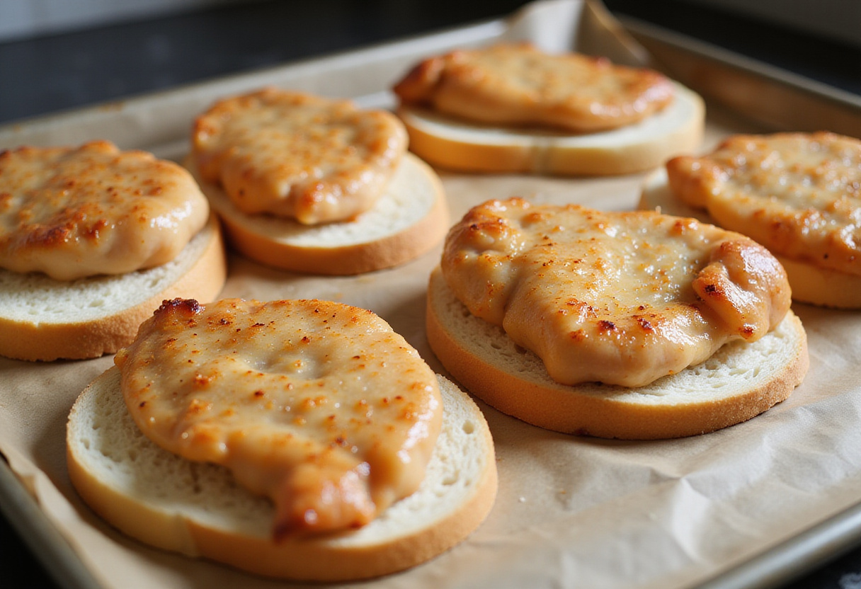Chicken cutlets on slices of bread for chicken bread recipe.
