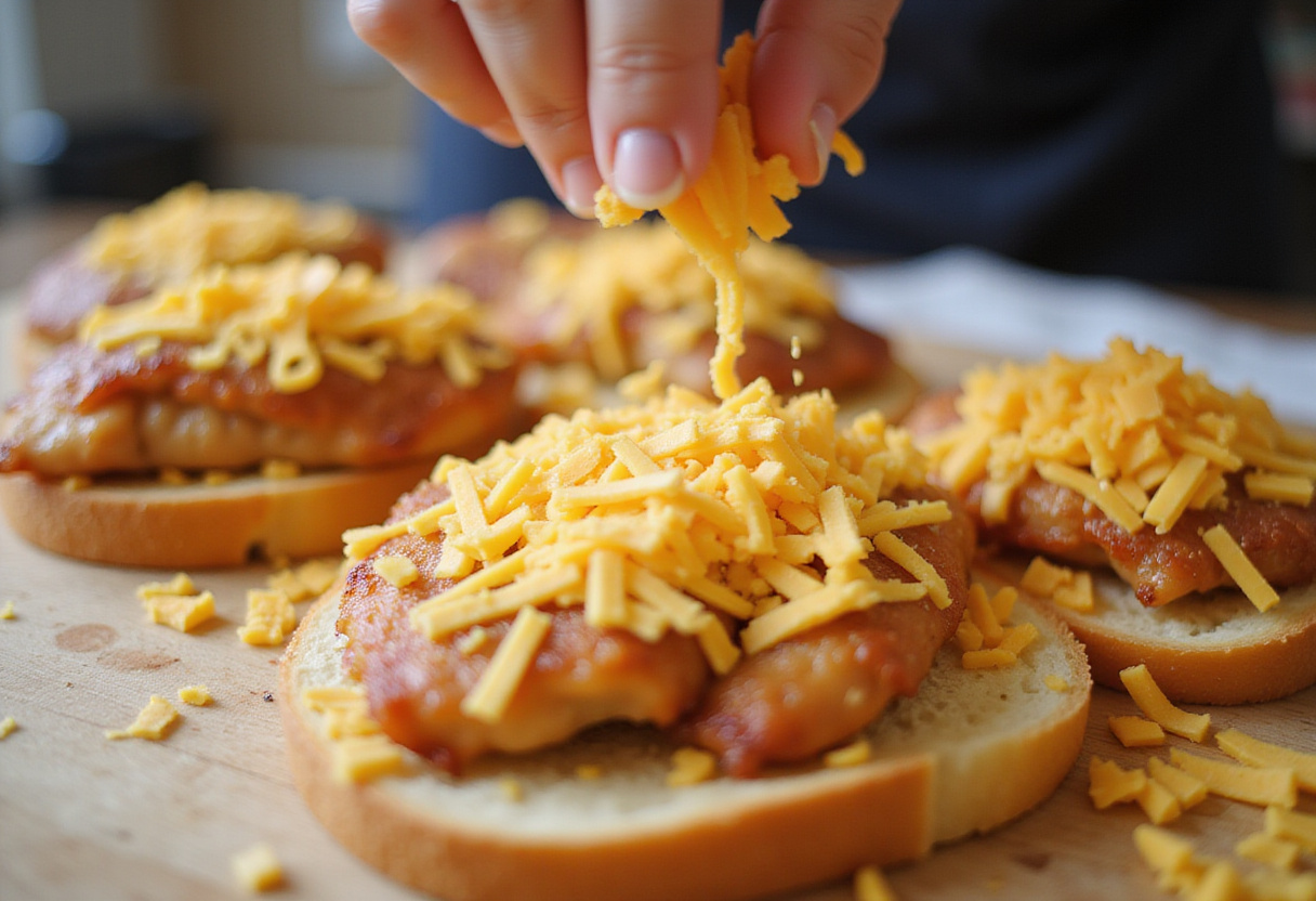 Cheddar cheese being sprinkled on chicken and bread.