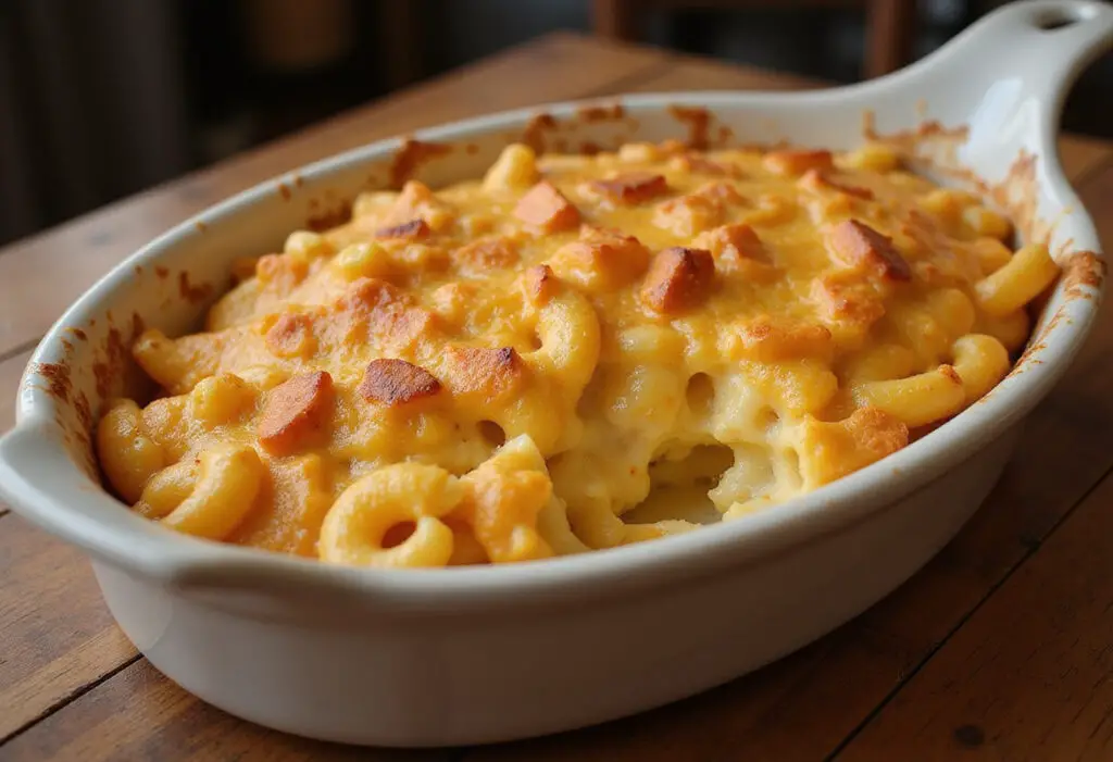 Delicious homemade Cracker Barrel Mac and Cheese in a casserole dish.