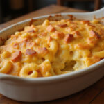Delicious homemade Cracker Barrel Mac and Cheese in a casserole dish.