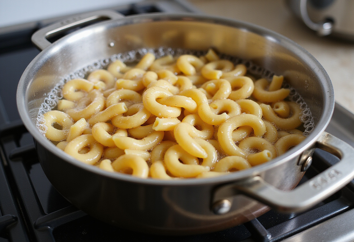 Elbow macaroni boiling in a pot for Cracker Barrel Mac and Cheese.
