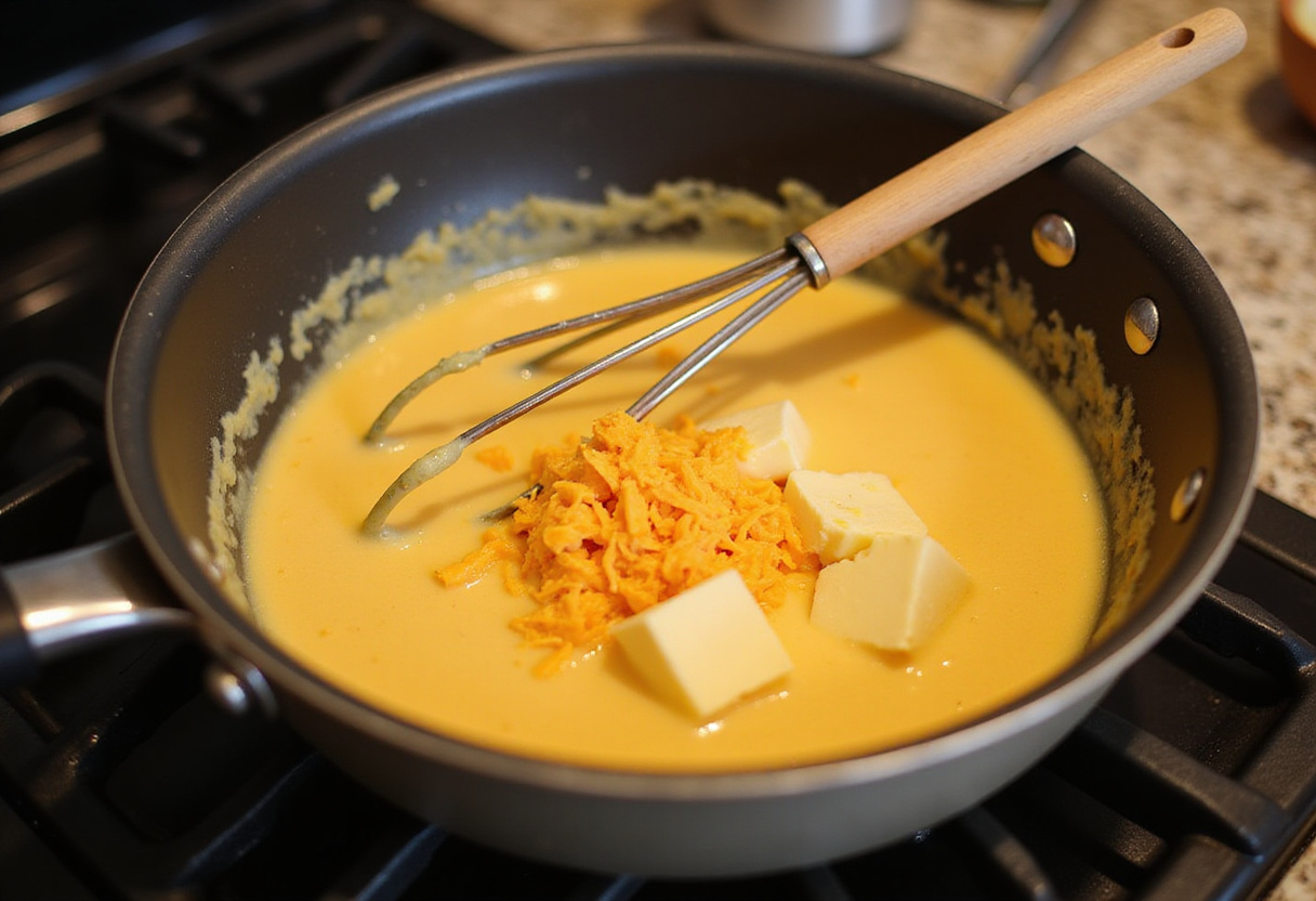 Cheese sauce being whisked in a saucepan for Cracker Barrel Mac and Cheese.