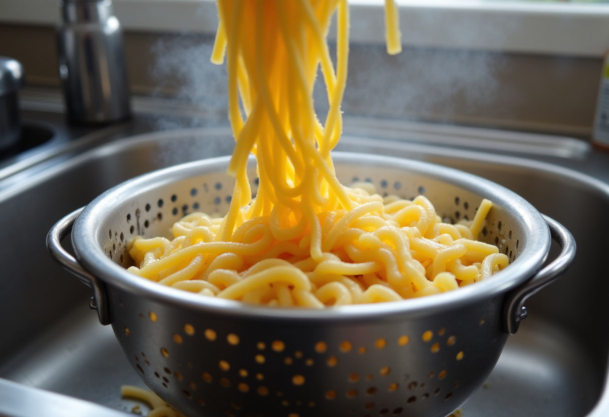 Cooked macaroni being drained for Cracker Barrel Mac and Cheese recipe.