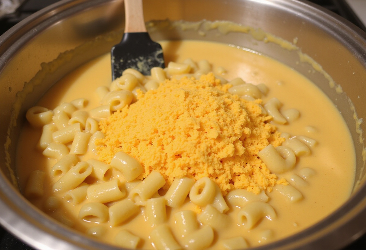 Macaroni and cheese sauce being combined in a bowl for homemade Cracker Barrel Mac and Cheese.