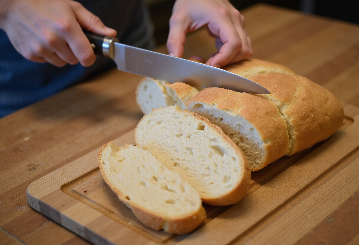 Italian bread being sliced for Cunetto's Garlic Cheese Bread.