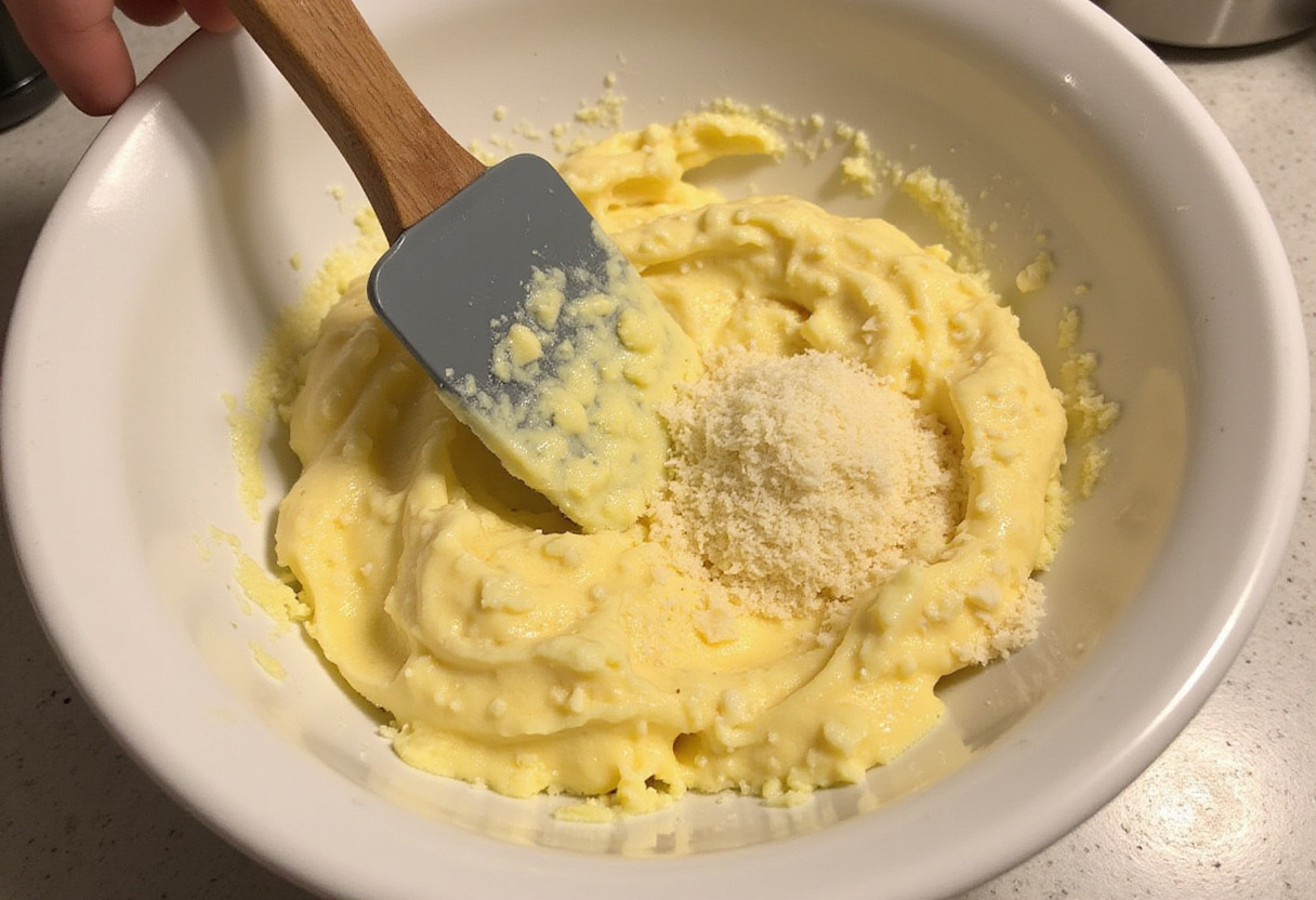 Mixing garlic, butter, and Parmesan for Cunetto's Garlic Cheese Bread.