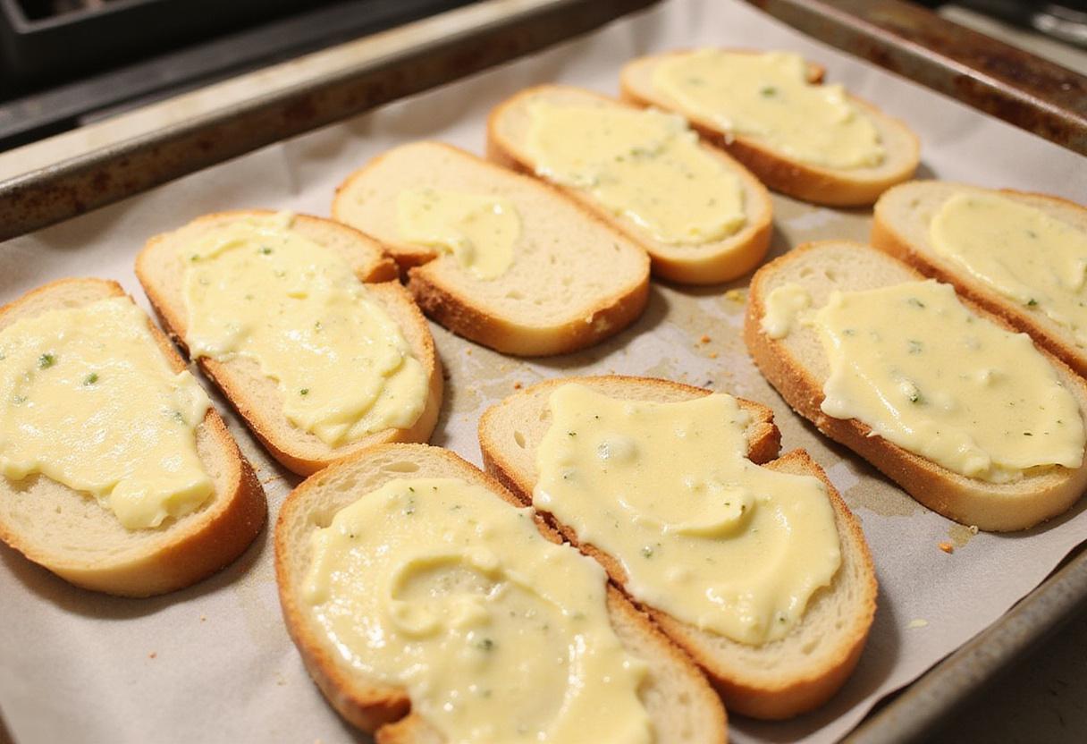 Spreading garlic butter on Italian bread for Cunetto's Garlic Cheese Bread.