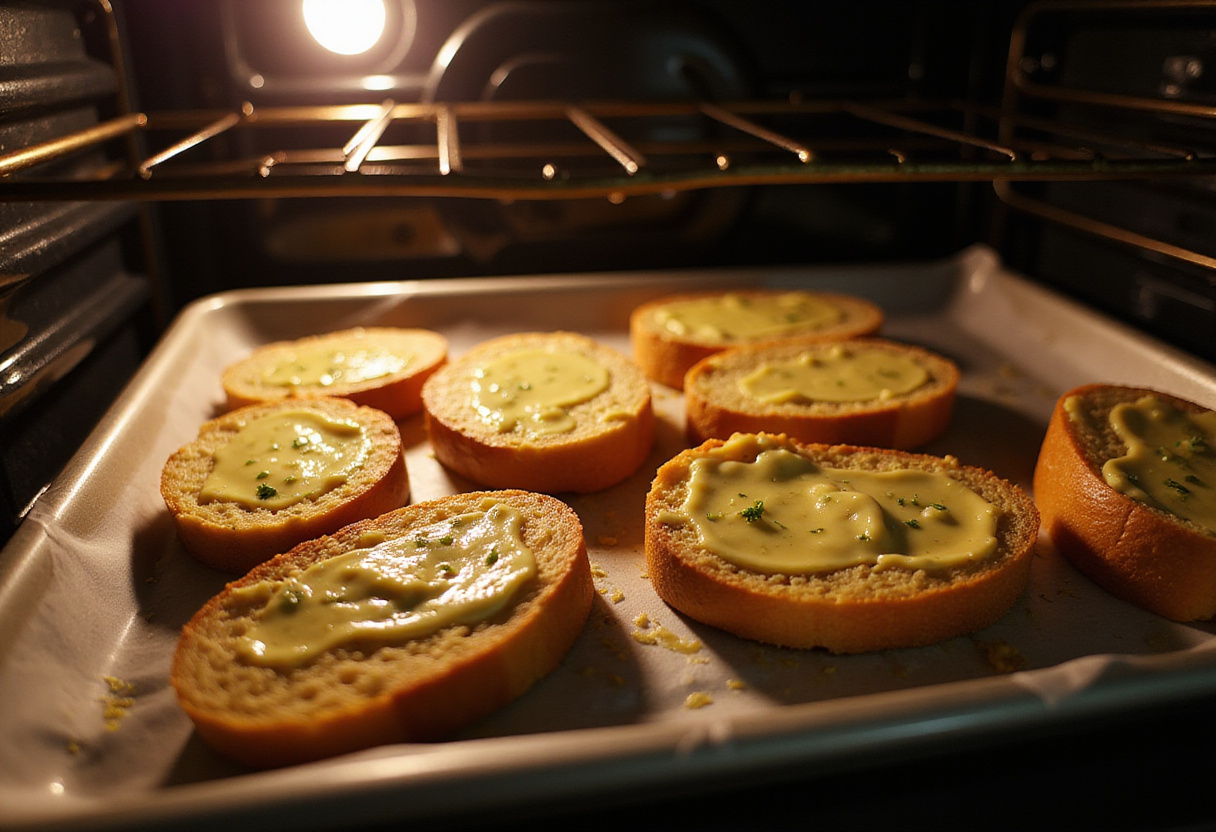 Garlic bread under the broiler for Cunetto's Garlic Cheese Bread.