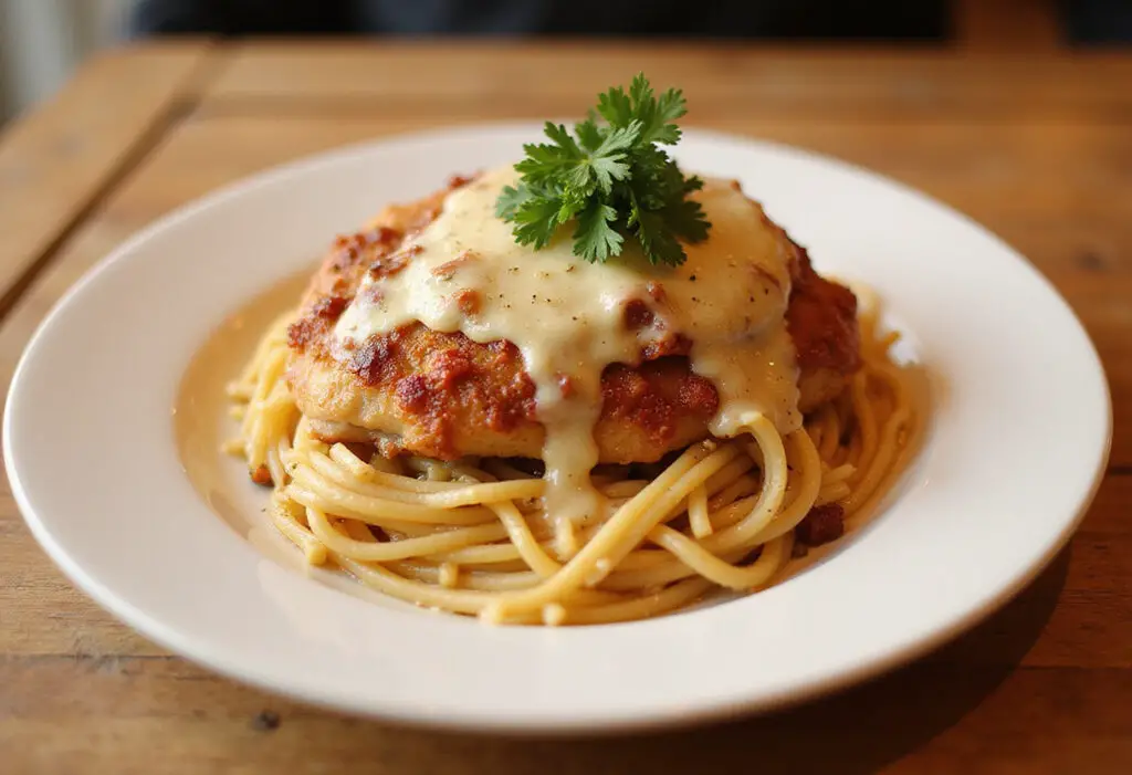 Finished Longhorn Parmesan Chicken with spaghetti and parsley garnish.