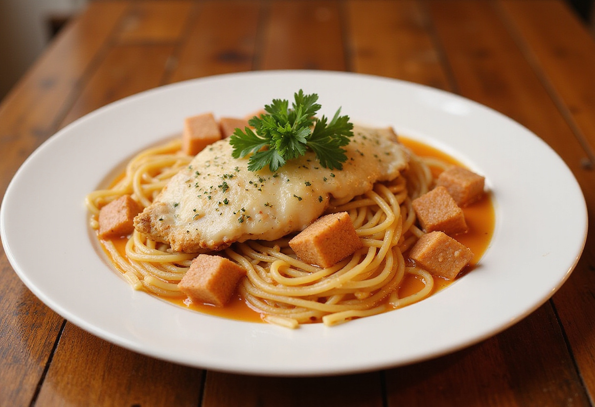 Finished Longhorn Parmesan Chicken with spaghetti and parsley garnish.