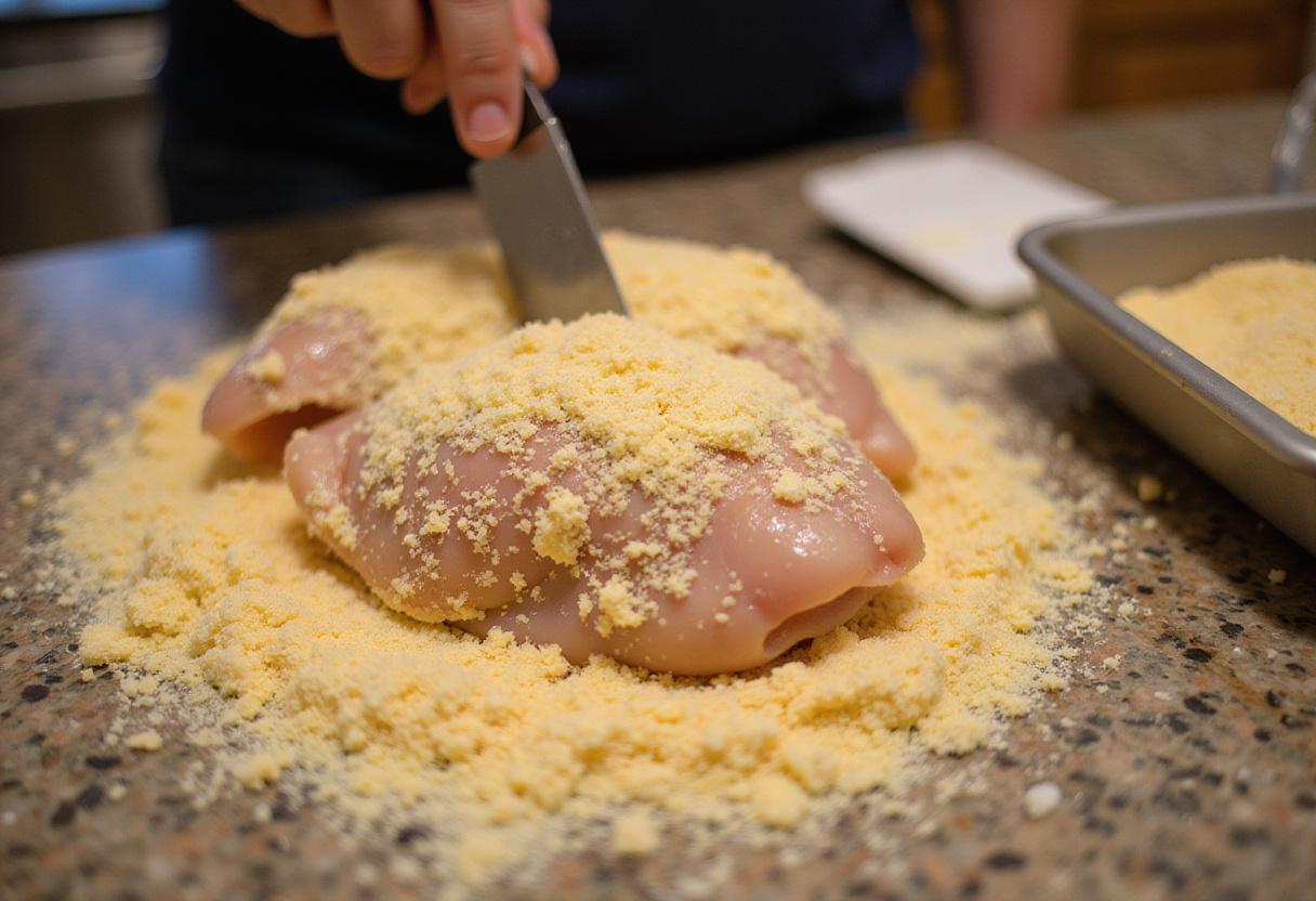 Chicken breasts being coated in parmesan and breadcrumbs for Longhorn Parmesan Chicken.