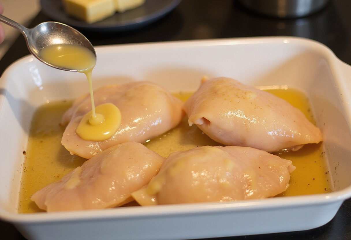 Parmesan-crusted chicken breasts in a baking dish for Longhorn Parmesan Chicken.