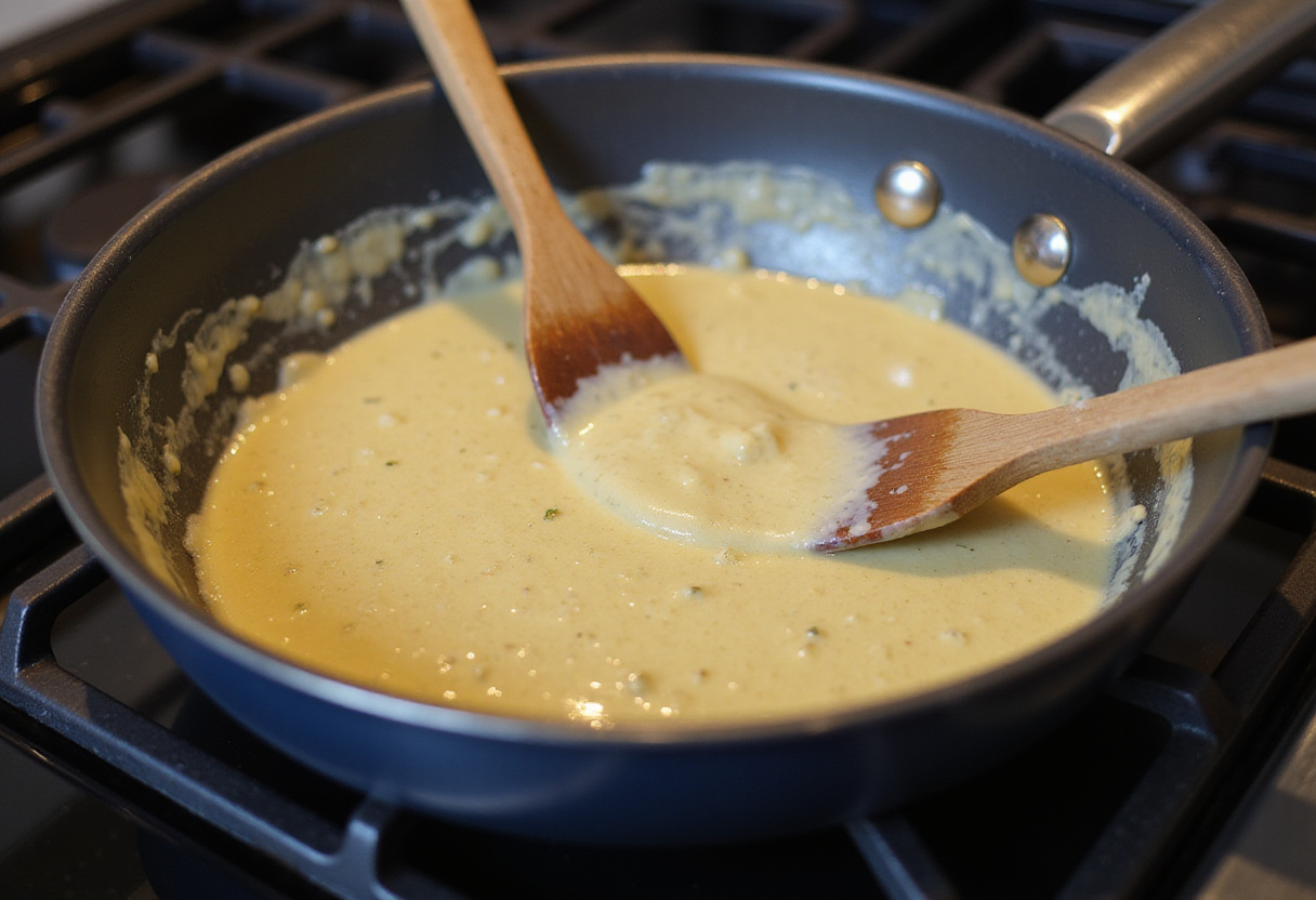 Creamy garlic parmesan sauce simmering on the stove for Longhorn Parmesan Chicken.