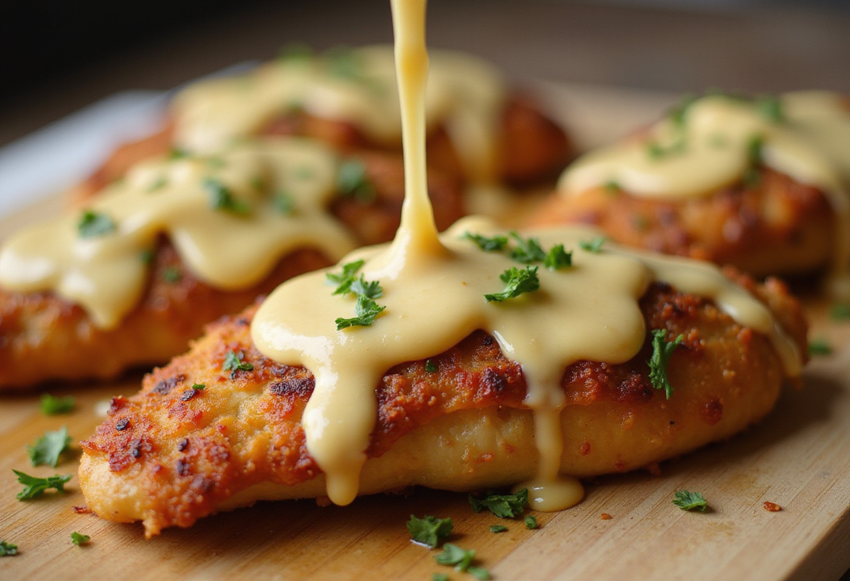 Baked parmesan chicken being drizzled with garlic parmesan sauce for Longhorn Parmesan Chicken.