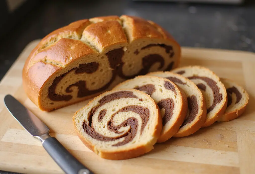 Sliced homemade marble rye bread showing marbled pattern.