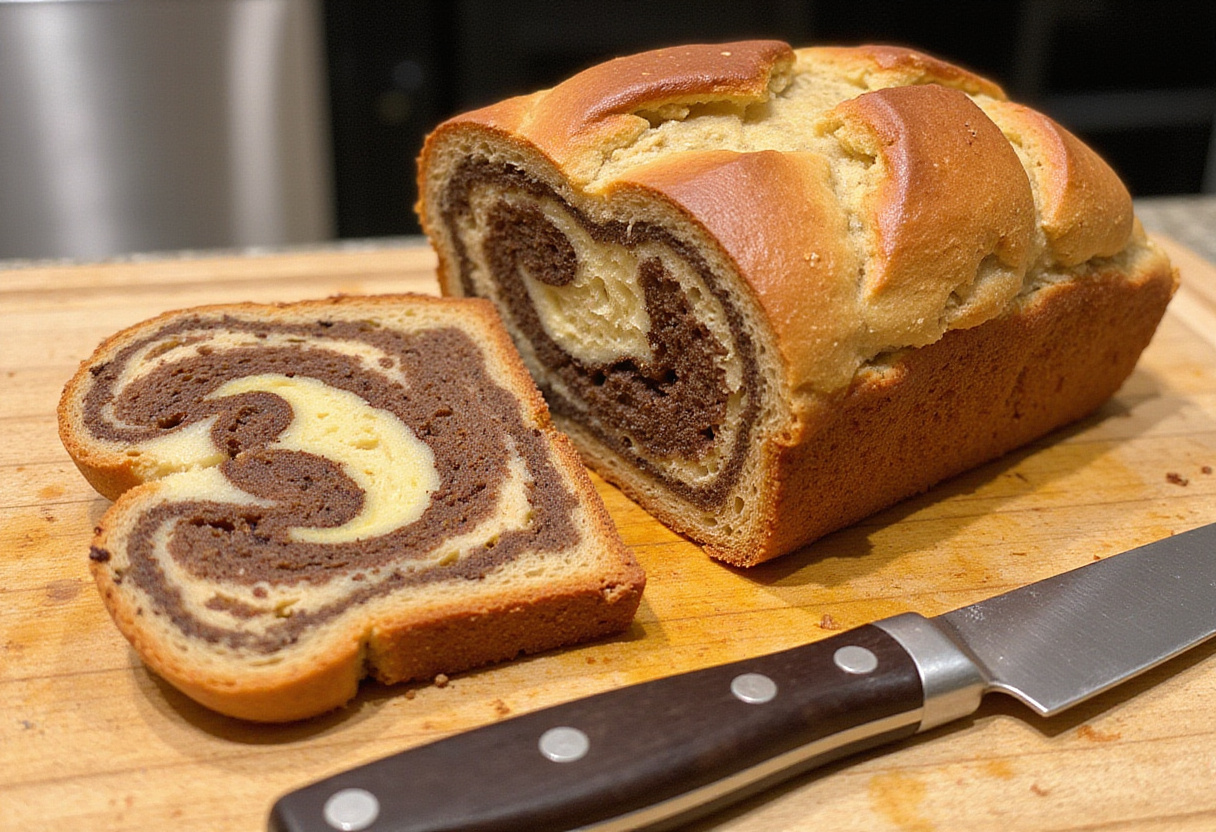 Sliced homemade marble rye bread showing marbled pattern.