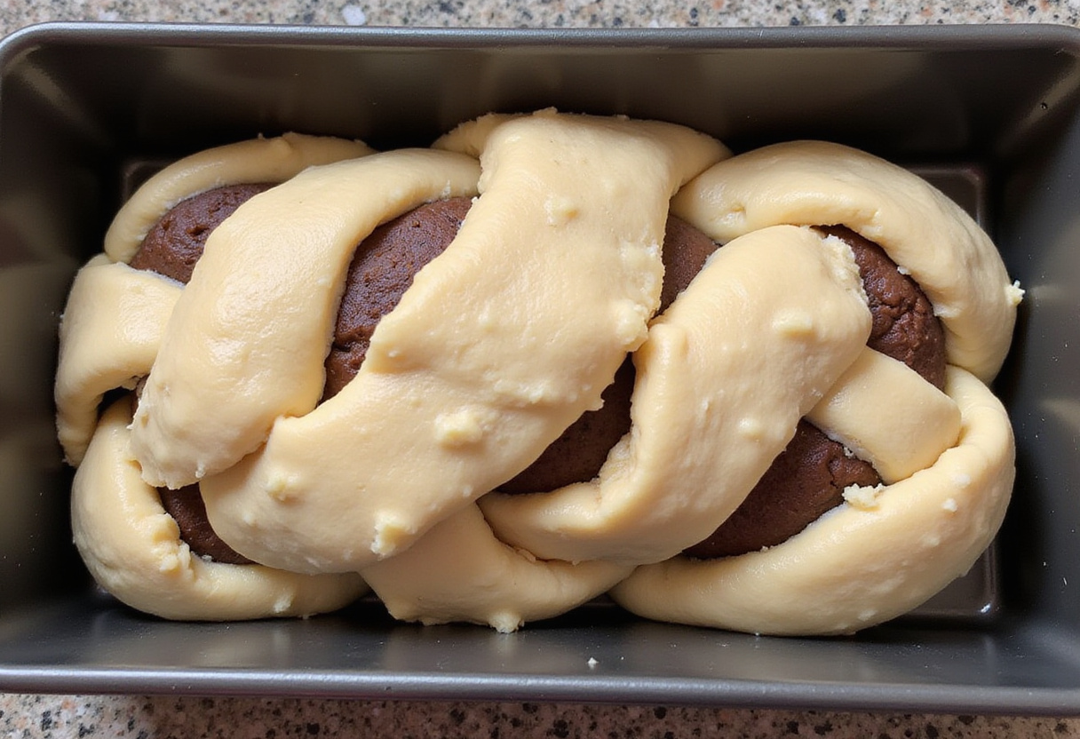 Marbled rye dough in loaf pan before baking.