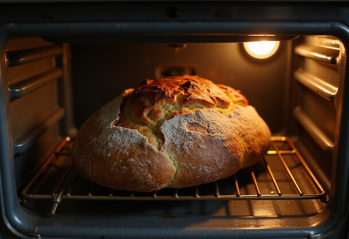 Marble rye bread loaf baking in oven.