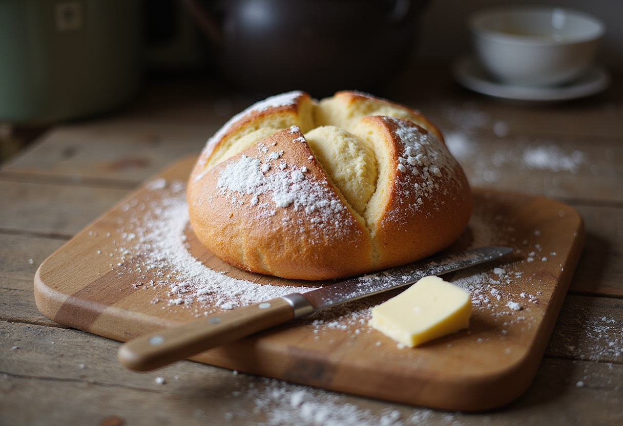 Freshly baked Reka bread with powdered sugar.