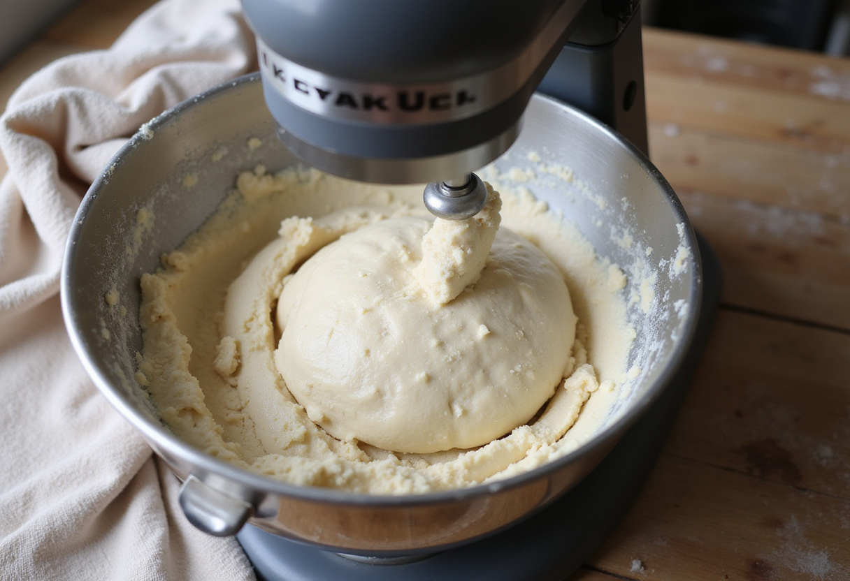 Dough being kneaded in a stand mixer for Reka bread.