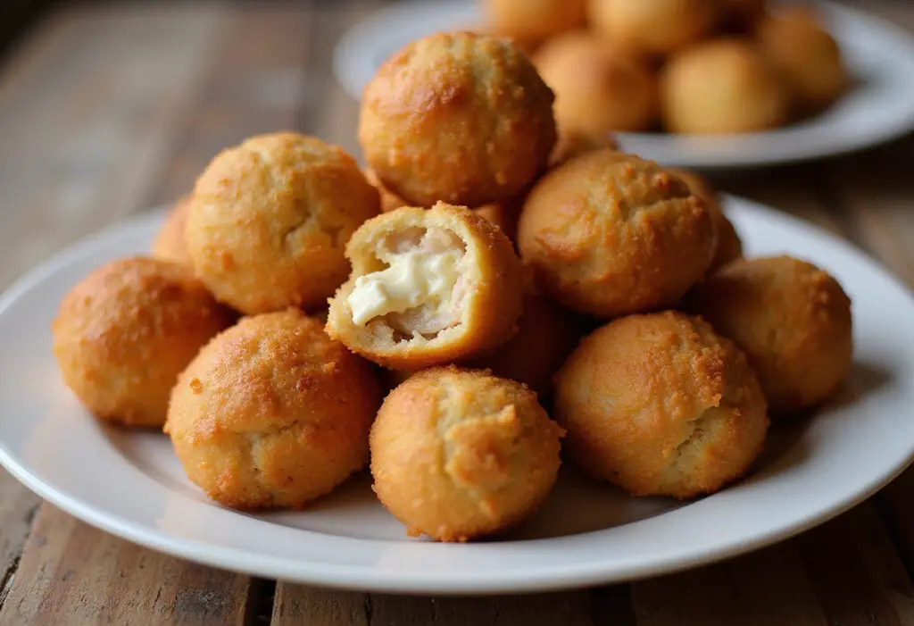 Finished Rotel cream cheese sausage balls on platter.
