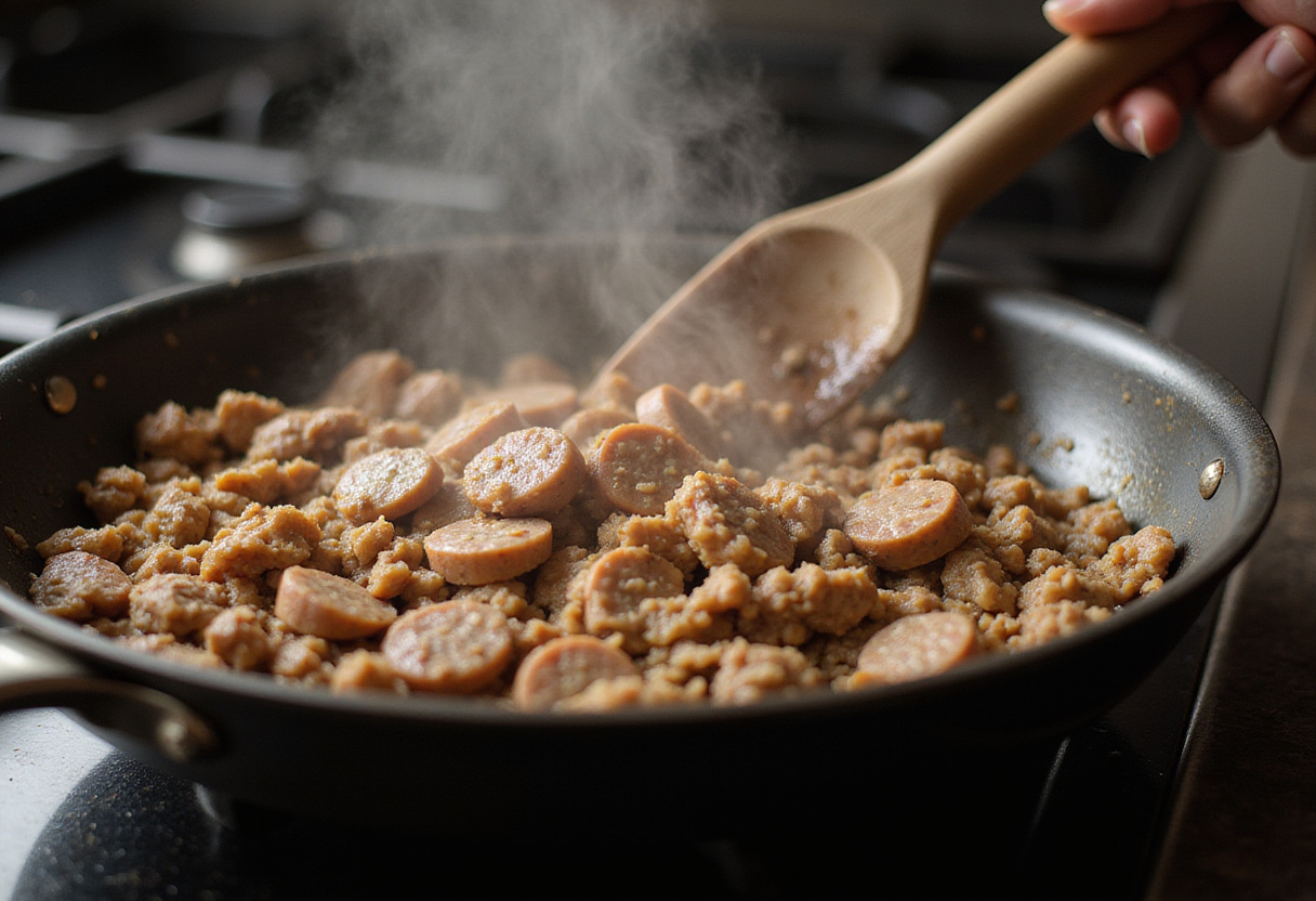 Browning sausage in skillet for Rotel sausage balls recipe.